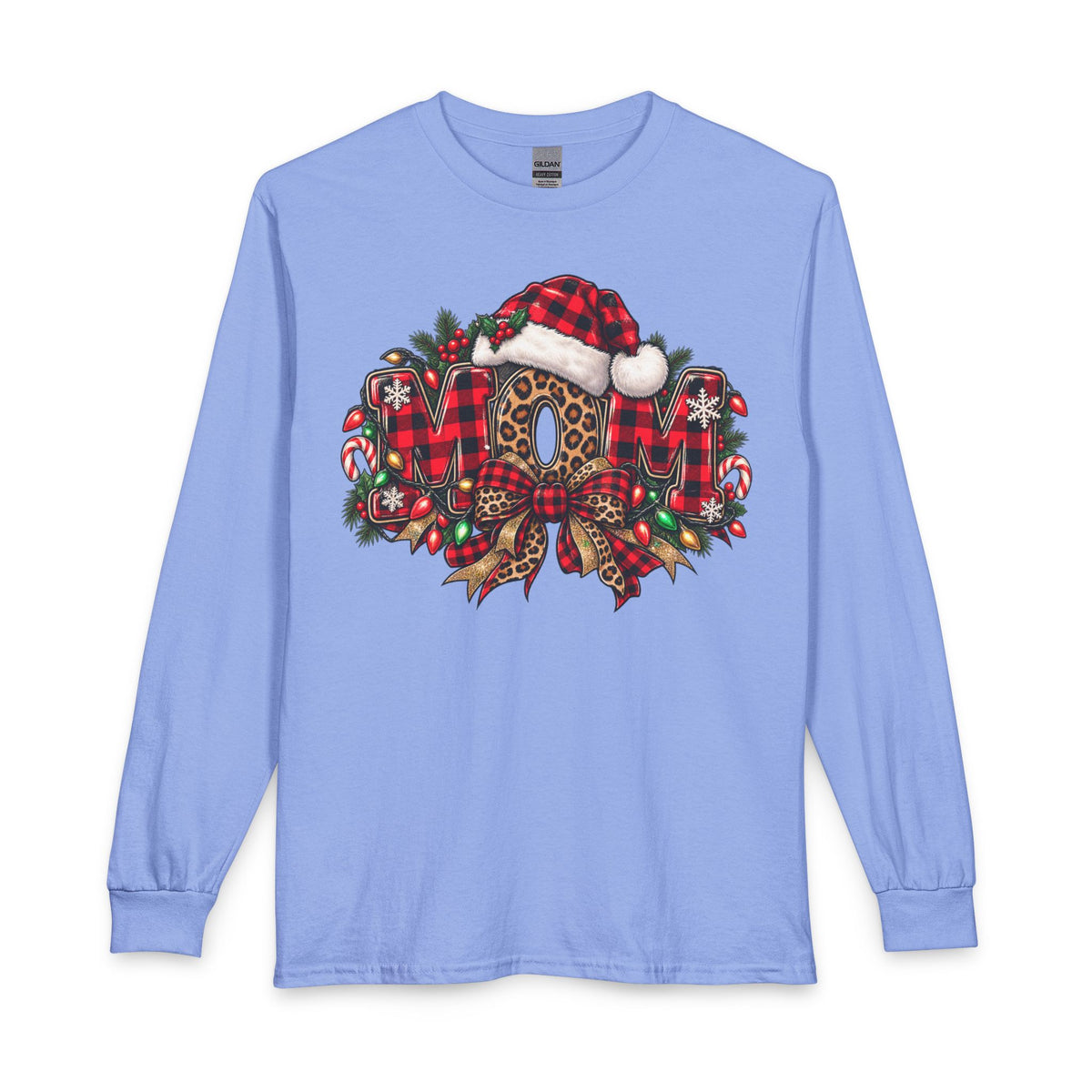 Christmas Leopard Wreath Mom Long Sleeve Tee — Buffalo Plaid Santa Hat Holiday Shirt