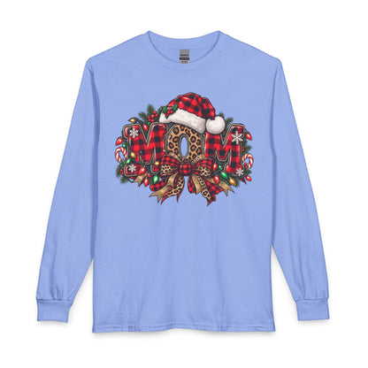 Christmas Leopard Wreath Mom Long Sleeve Tee — Buffalo Plaid Santa Hat Holiday Shirt