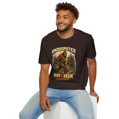 Undisputed Hide & Seek Champion T‑Shirt — Vintage Sasquatch Trophy Graphic