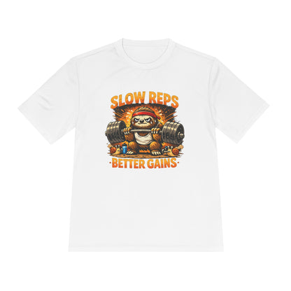 Slow Reps Better Gains Tee — Funny Sloth Weightlifting Moisture-Wicking Shirt