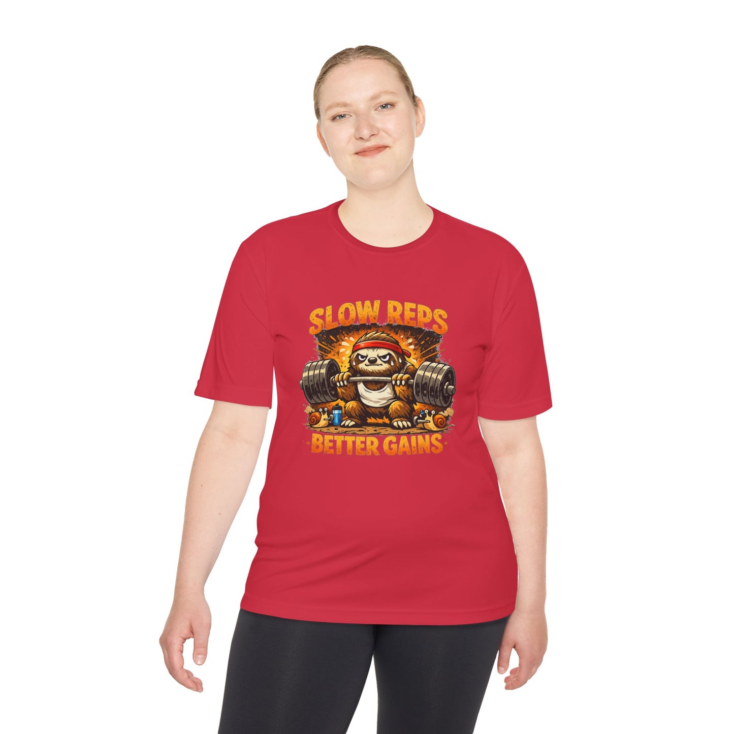 Slow Reps Better Gains Tee — Funny Sloth Weightlifting Moisture-Wicking Shirt