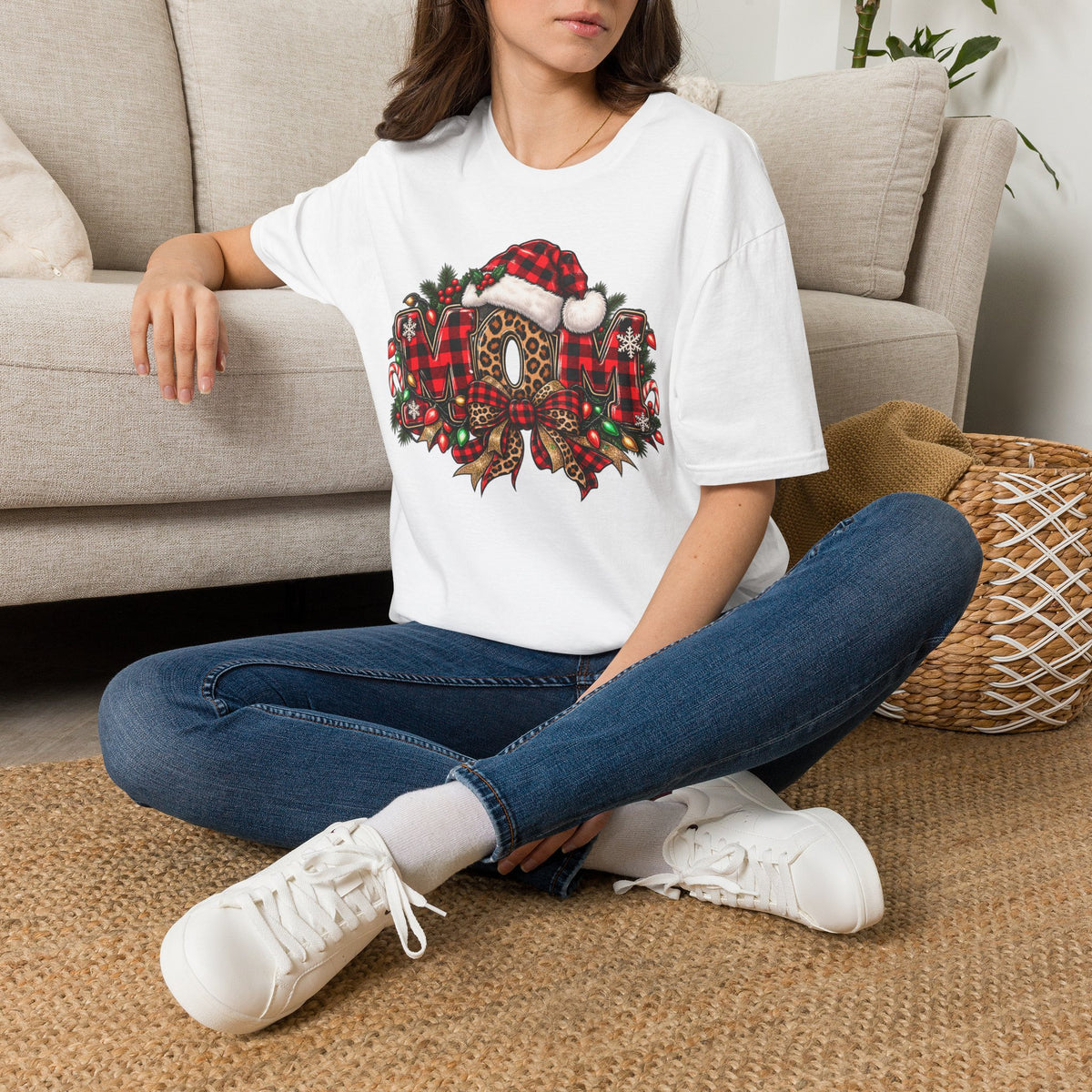 Christmas Mom T-Shirt – Holiday Plaid Santa Hat Café Design