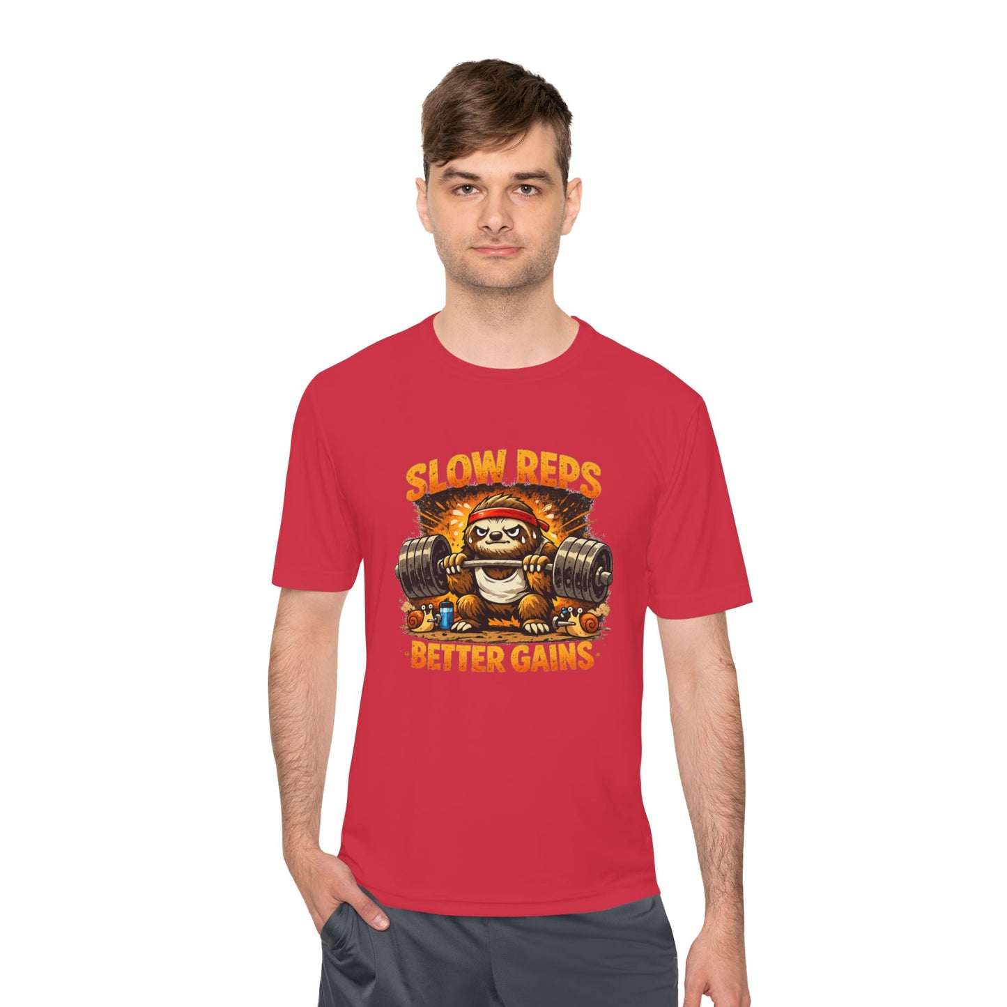 Slow Reps Better Gains Tee — Funny Sloth Weightlifting Moisture-Wicking Shirt