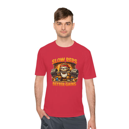Slow Reps Better Gains Tee — Funny Sloth Weightlifting Moisture-Wicking Shirt
