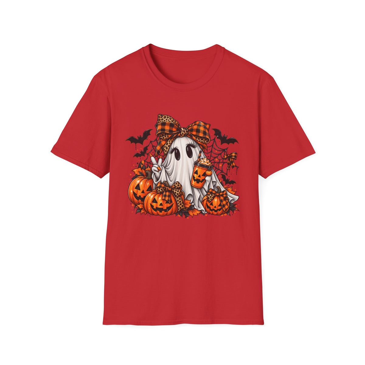 Cute Ghost Pumpkin Halloween T-Shirt — Plaid Bow Ghost with Jack-o'-Lanterns