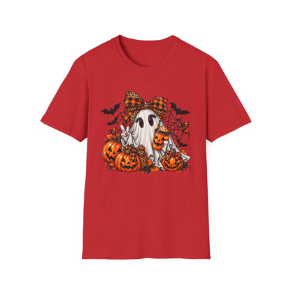 Cute Ghost Pumpkin Halloween T-Shirt — Plaid Bow Ghost with Jack-o'-Lanterns