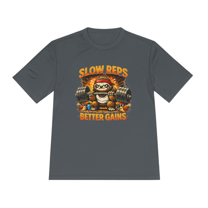 Slow Reps Better Gains Tee — Funny Sloth Weightlifting Moisture-Wicking Shirt