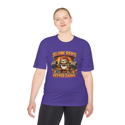 Slow Reps Better Gains Tee — Funny Sloth Weightlifting Moisture-Wicking Shirt