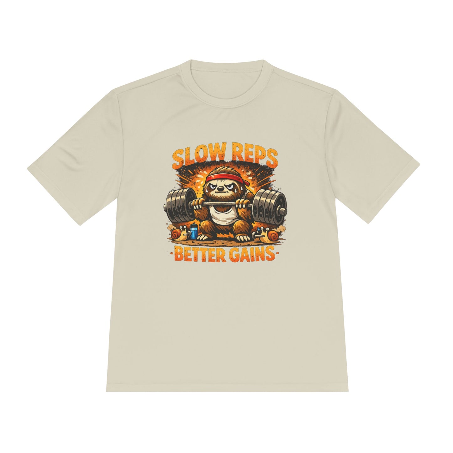Slow Reps Better Gains Tee — Funny Sloth Weightlifting Moisture-Wicking Shirt