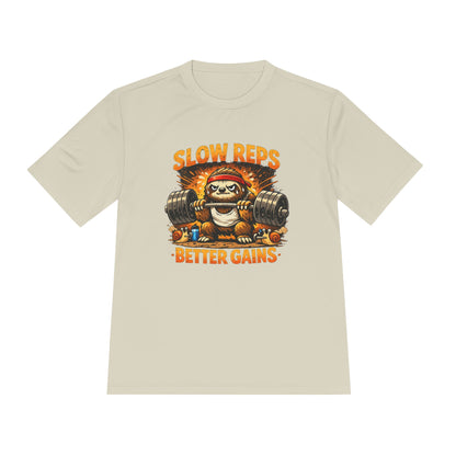 Slow Reps Better Gains Tee — Funny Sloth Weightlifting Moisture-Wicking Shirt