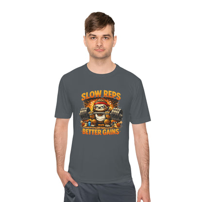Slow Reps Better Gains Tee — Funny Sloth Weightlifting Moisture-Wicking Shirt
