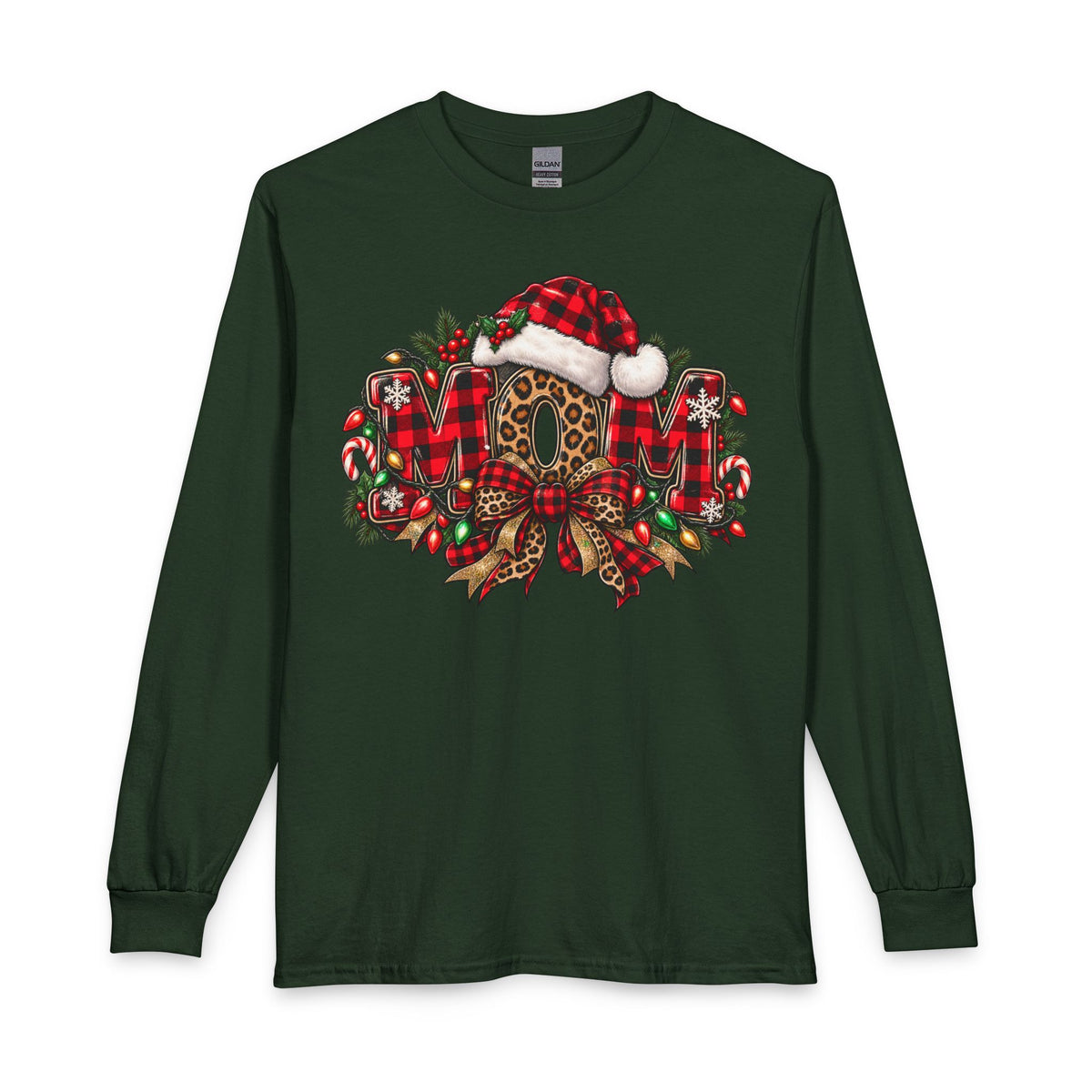 Christmas Leopard Wreath Mom Long Sleeve Tee — Buffalo Plaid Santa Hat Holiday Shirt