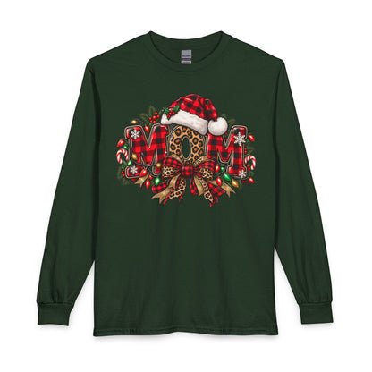 Christmas Leopard Wreath Mom Long Sleeve Tee — Buffalo Plaid Santa Hat Holiday Shirt