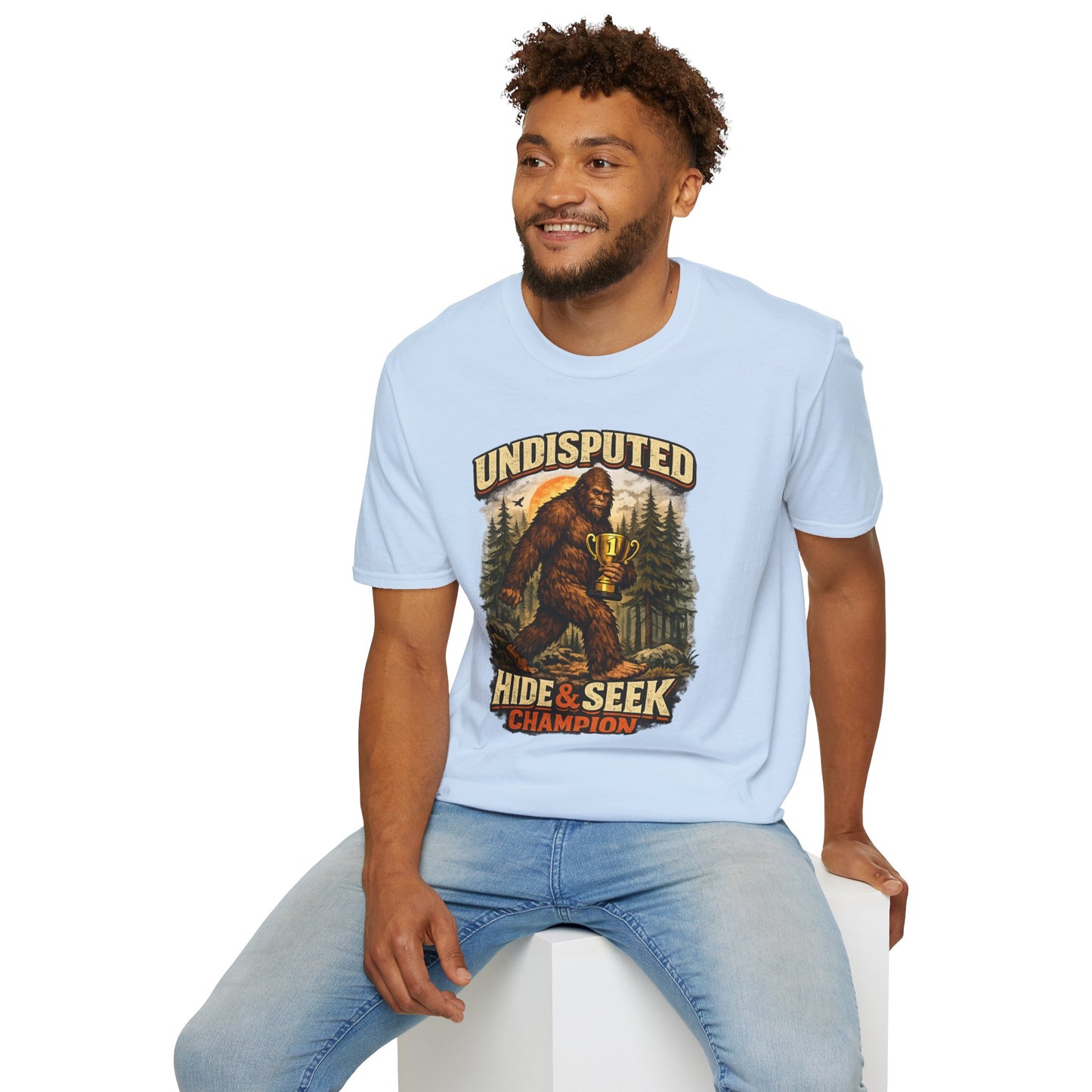 Undisputed Hide & Seek Champion T‑Shirt — Vintage Sasquatch Trophy Graphic