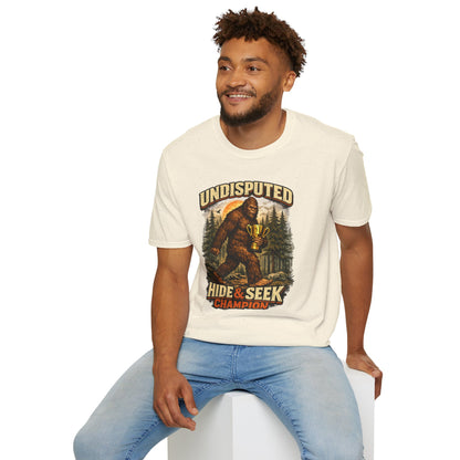 Undisputed Hide & Seek Champion T‑Shirt — Vintage Sasquatch Trophy Graphic