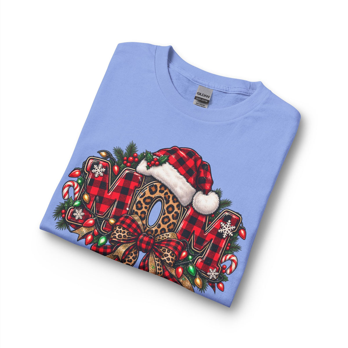 Christmas Leopard Wreath Mom Long Sleeve Tee — Buffalo Plaid Santa Hat Holiday Shirt