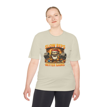 Slow Reps Better Gains Tee — Funny Sloth Weightlifting Moisture-Wicking Shirt