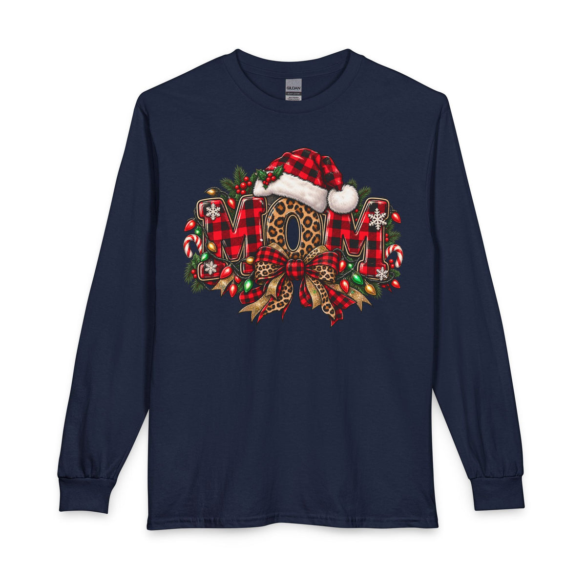 Christmas Leopard Wreath Mom Long Sleeve Tee — Buffalo Plaid Santa Hat Holiday Shirt