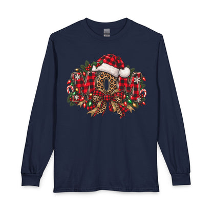 Christmas Leopard Wreath Mom Long Sleeve Tee — Buffalo Plaid Santa Hat Holiday Shirt