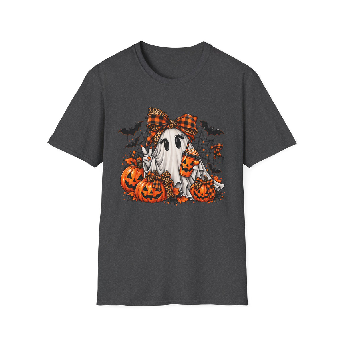 Cute Ghost Pumpkin Halloween T-Shirt — Plaid Bow Ghost with Jack-o'-Lanterns