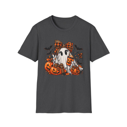 Cute Ghost Pumpkin Halloween T-Shirt — Plaid Bow Ghost with Jack-o'-Lanterns