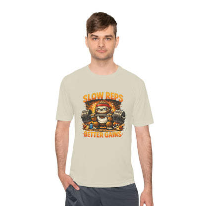 Slow Reps Better Gains Tee — Funny Sloth Weightlifting Moisture-Wicking Shirt