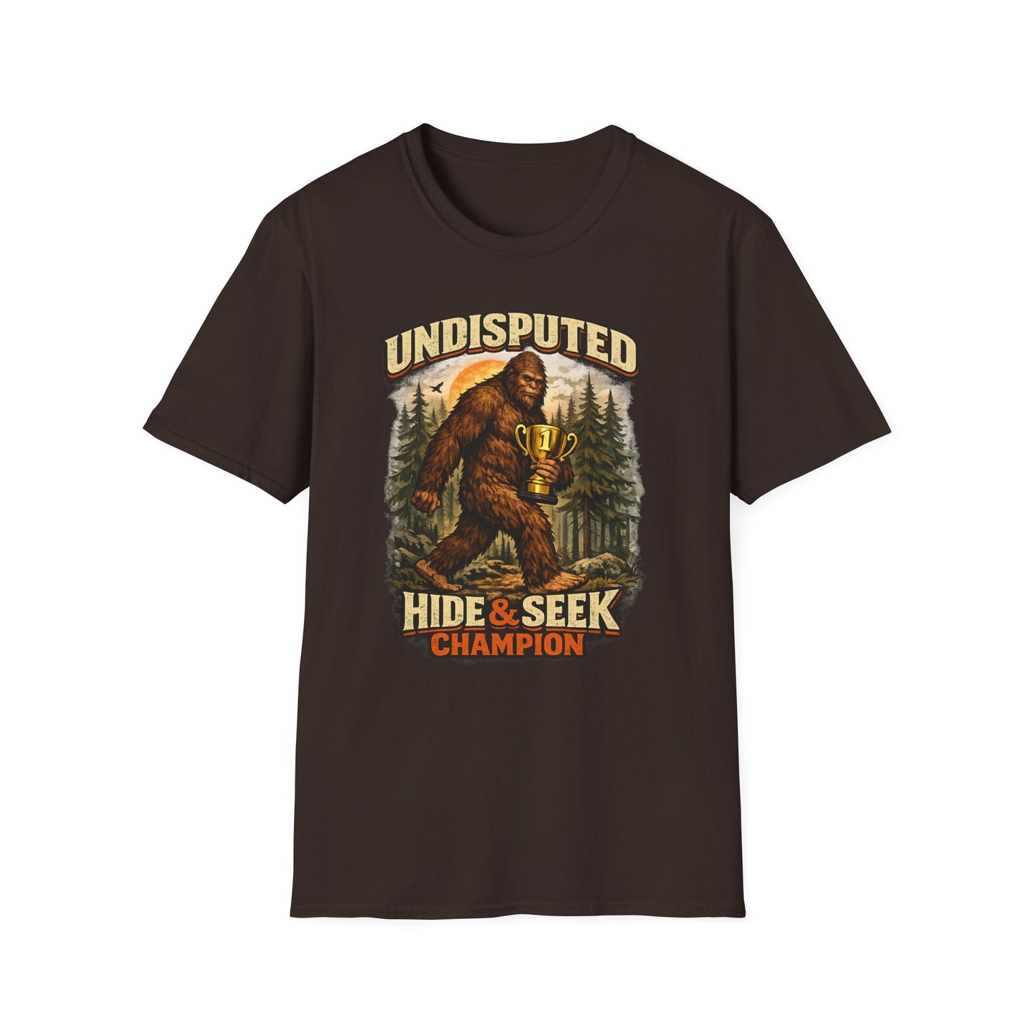 Undisputed Hide & Seek Champion T‑Shirt — Vintage Sasquatch Trophy Graphic