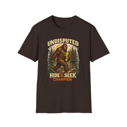Undisputed Hide & Seek Champion T‑Shirt — Vintage Sasquatch Trophy Graphic
