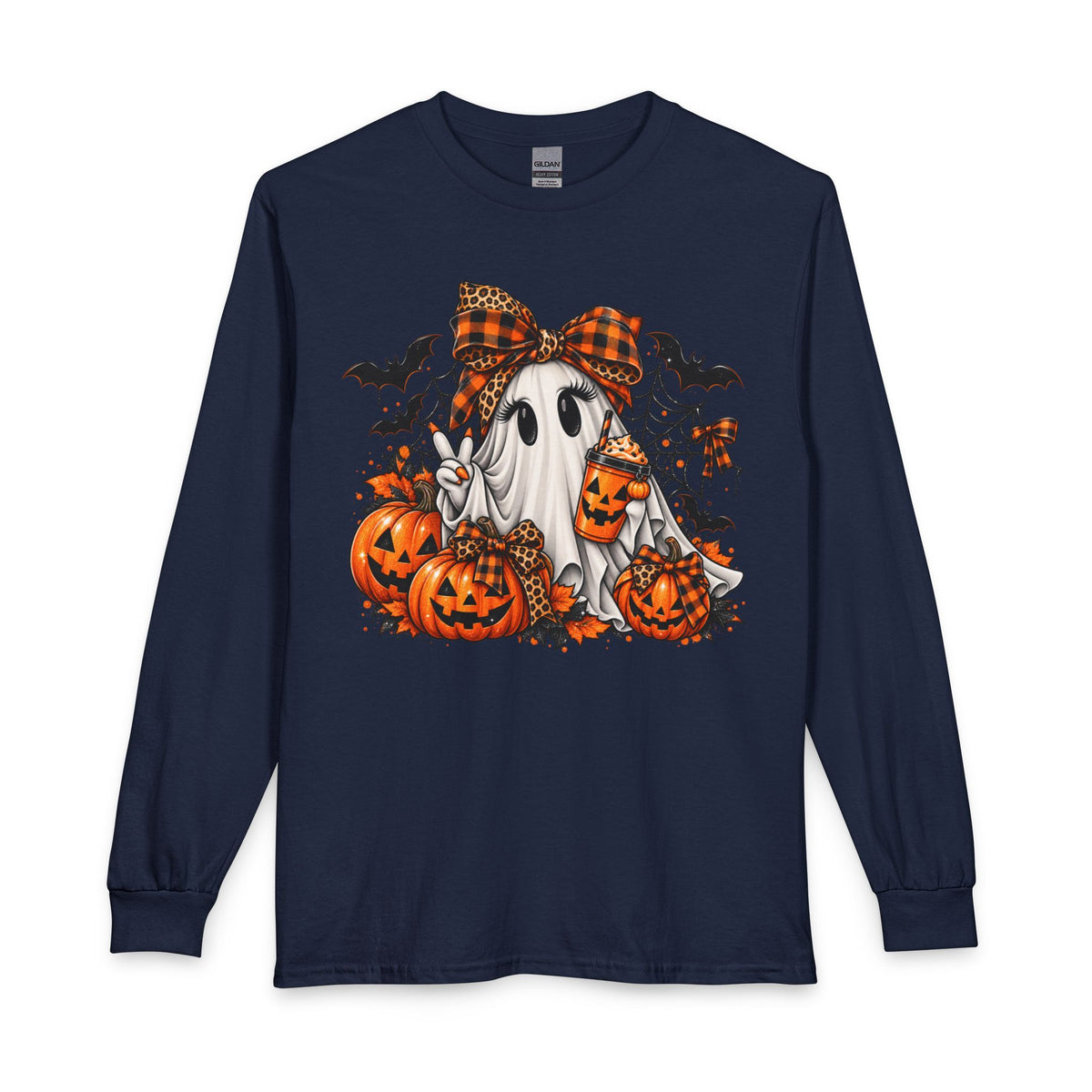 Halloween Ghost with Pumpkins Long Sleeve Tee