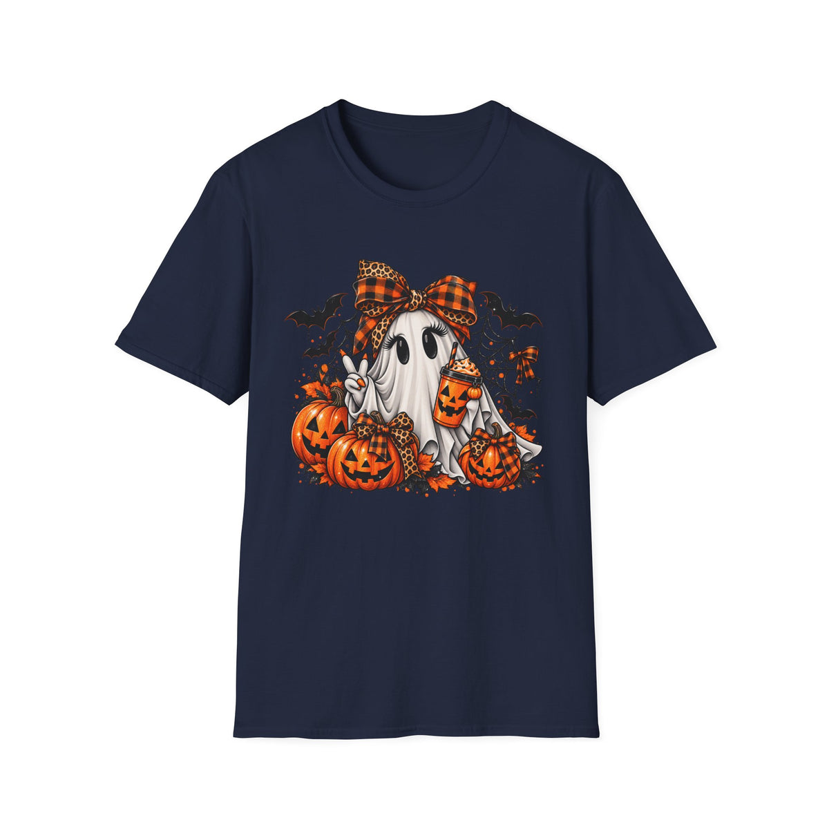 Cute Ghost Pumpkin Halloween T-Shirt — Plaid Bow Ghost with Jack-o'-Lanterns