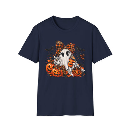 Cute Ghost Pumpkin Halloween T-Shirt — Plaid Bow Ghost with Jack-o'-Lanterns