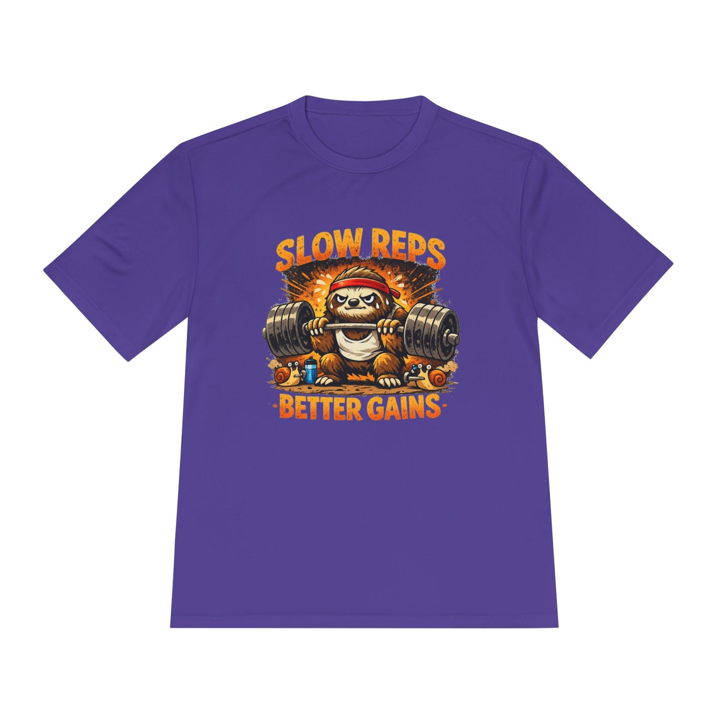 Slow Reps Better Gains Tee — Funny Sloth Weightlifting Moisture-Wicking Shirt