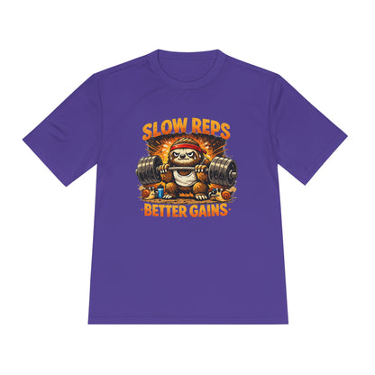 Slow Reps Better Gains Tee — Funny Sloth Weightlifting Moisture-Wicking Shirt