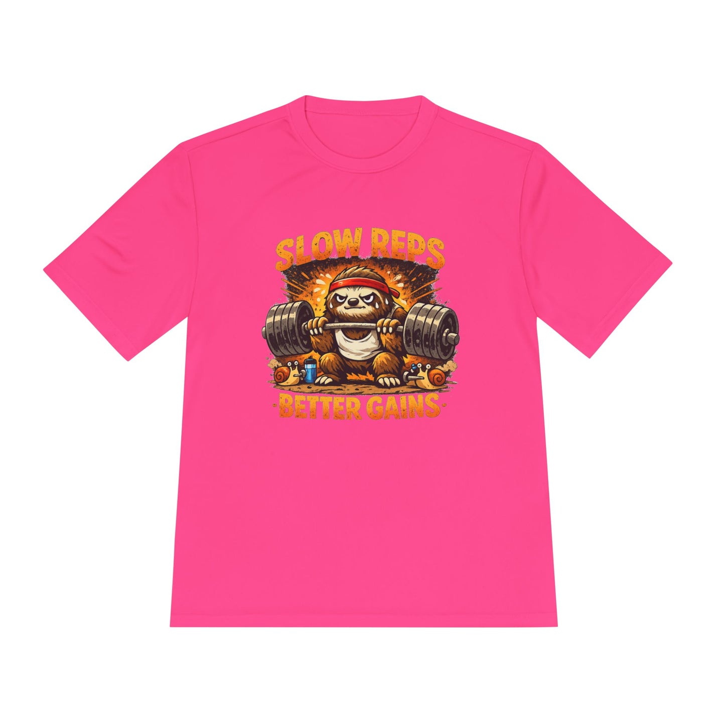 Slow Reps Better Gains Tee — Funny Sloth Weightlifting Moisture-Wicking Shirt