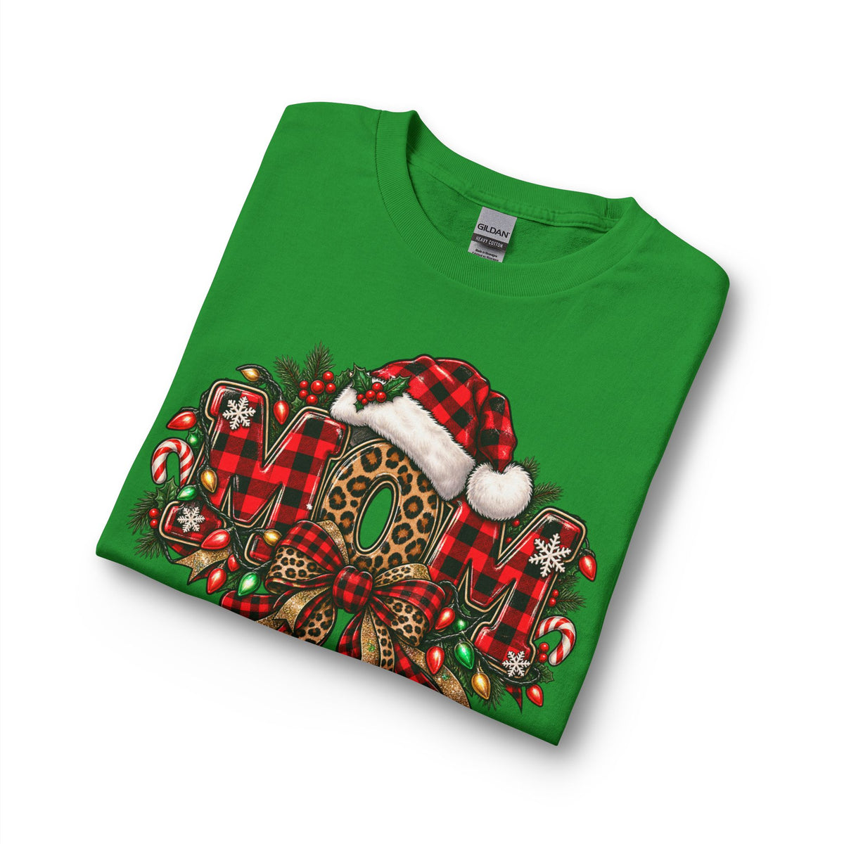 Christmas Leopard Wreath Mom Long Sleeve Tee — Buffalo Plaid Santa Hat Holiday Shirt