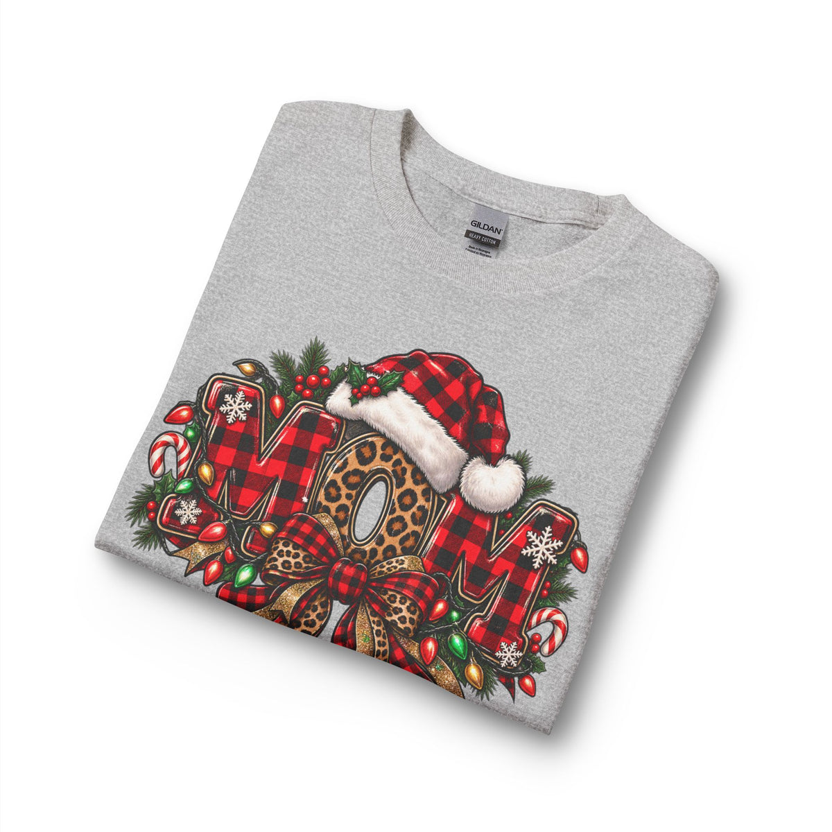 Christmas Leopard Wreath Mom Long Sleeve Tee — Buffalo Plaid Santa Hat Holiday Shirt