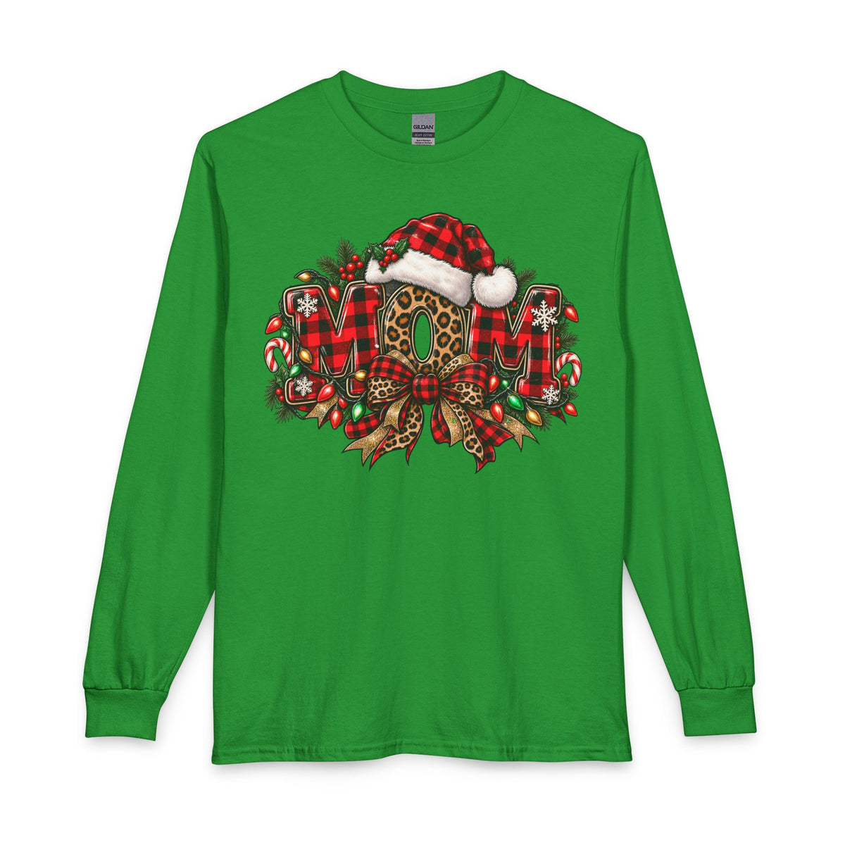 Christmas Leopard Wreath Mom Long Sleeve Tee — Buffalo Plaid Santa Hat Holiday Shirt