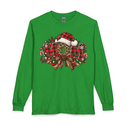 Christmas Leopard Wreath Mom Long Sleeve Tee — Buffalo Plaid Santa Hat Holiday Shirt