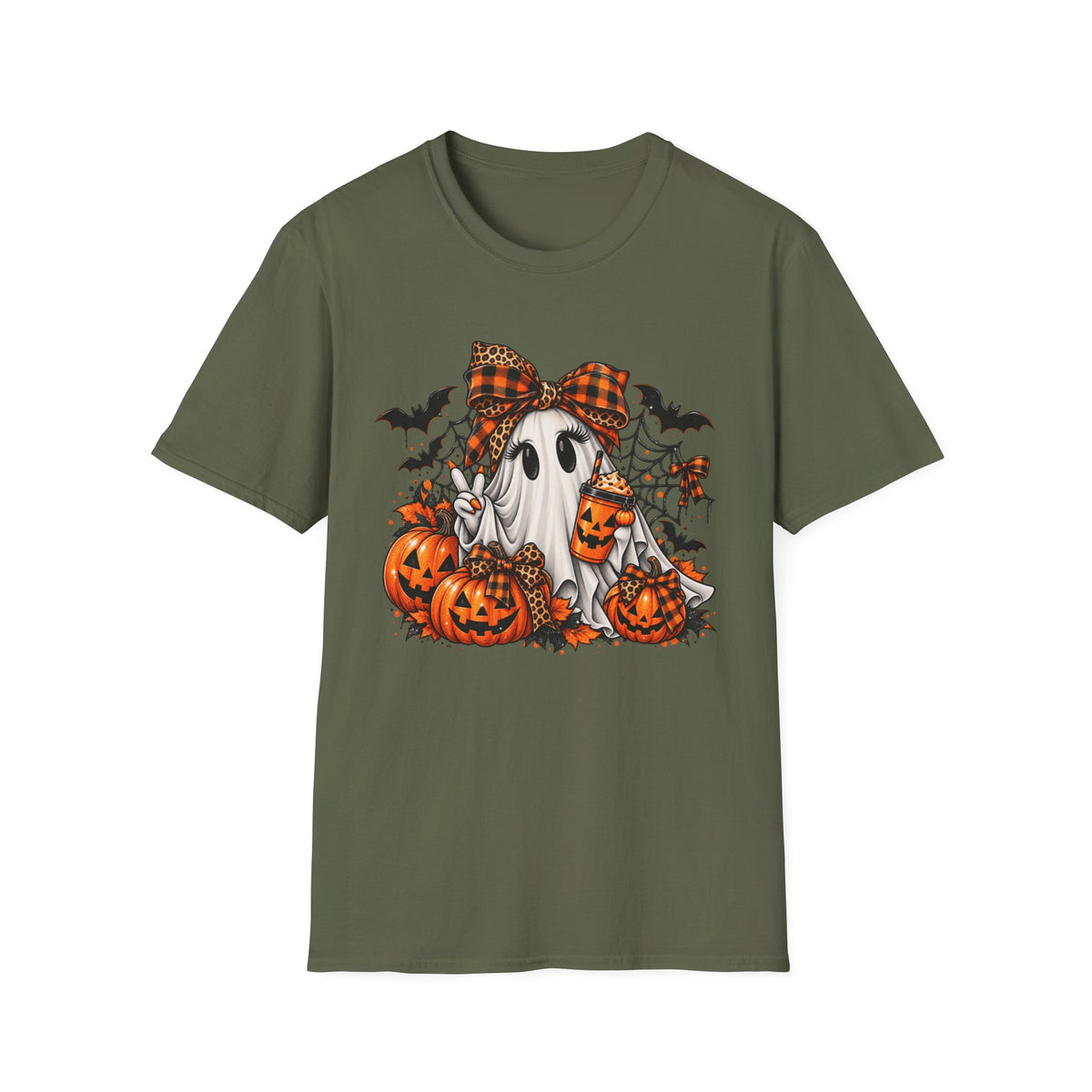 Cute Ghost Pumpkin Halloween T-Shirt — Plaid Bow Ghost with Jack-o'-Lanterns