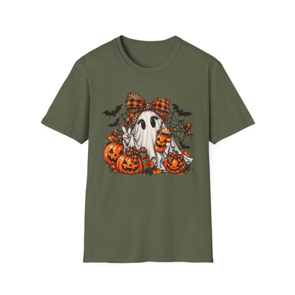 Cute Ghost Pumpkin Halloween T-Shirt — Plaid Bow Ghost with Jack-o'-Lanterns