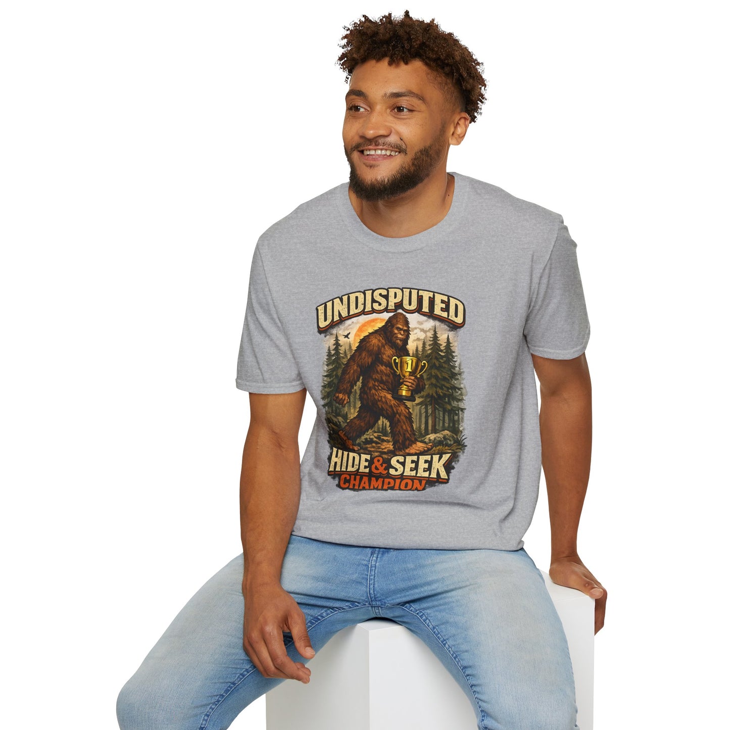 Undisputed Hide & Seek Champion T‑Shirt — Vintage Sasquatch Trophy Graphic
