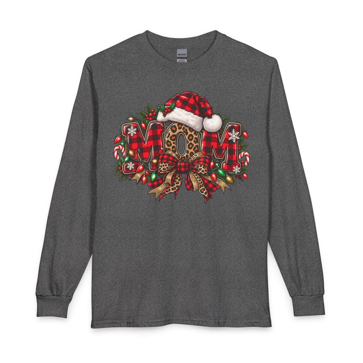 Christmas Leopard Wreath Mom Long Sleeve Tee — Buffalo Plaid Santa Hat Holiday Shirt