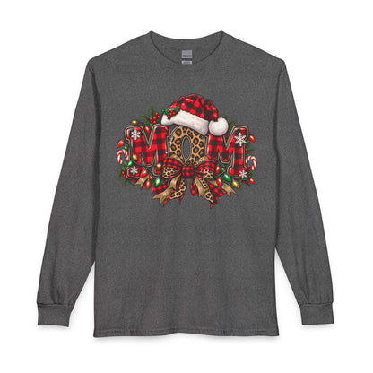 Christmas Leopard Wreath Mom Long Sleeve Tee — Buffalo Plaid Santa Hat Holiday Shirt
