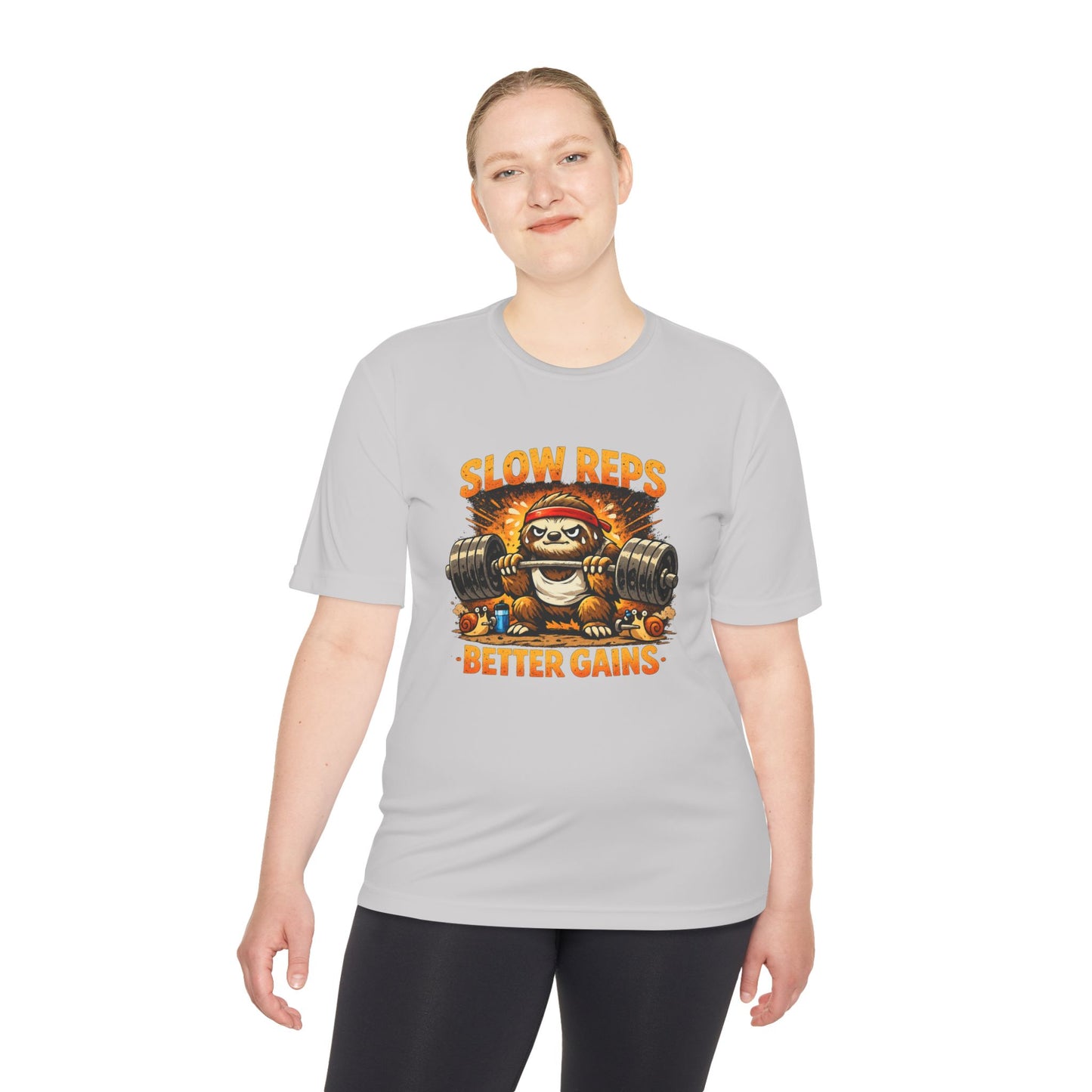 Slow Reps Better Gains Tee — Funny Sloth Weightlifting Moisture-Wicking Shirt