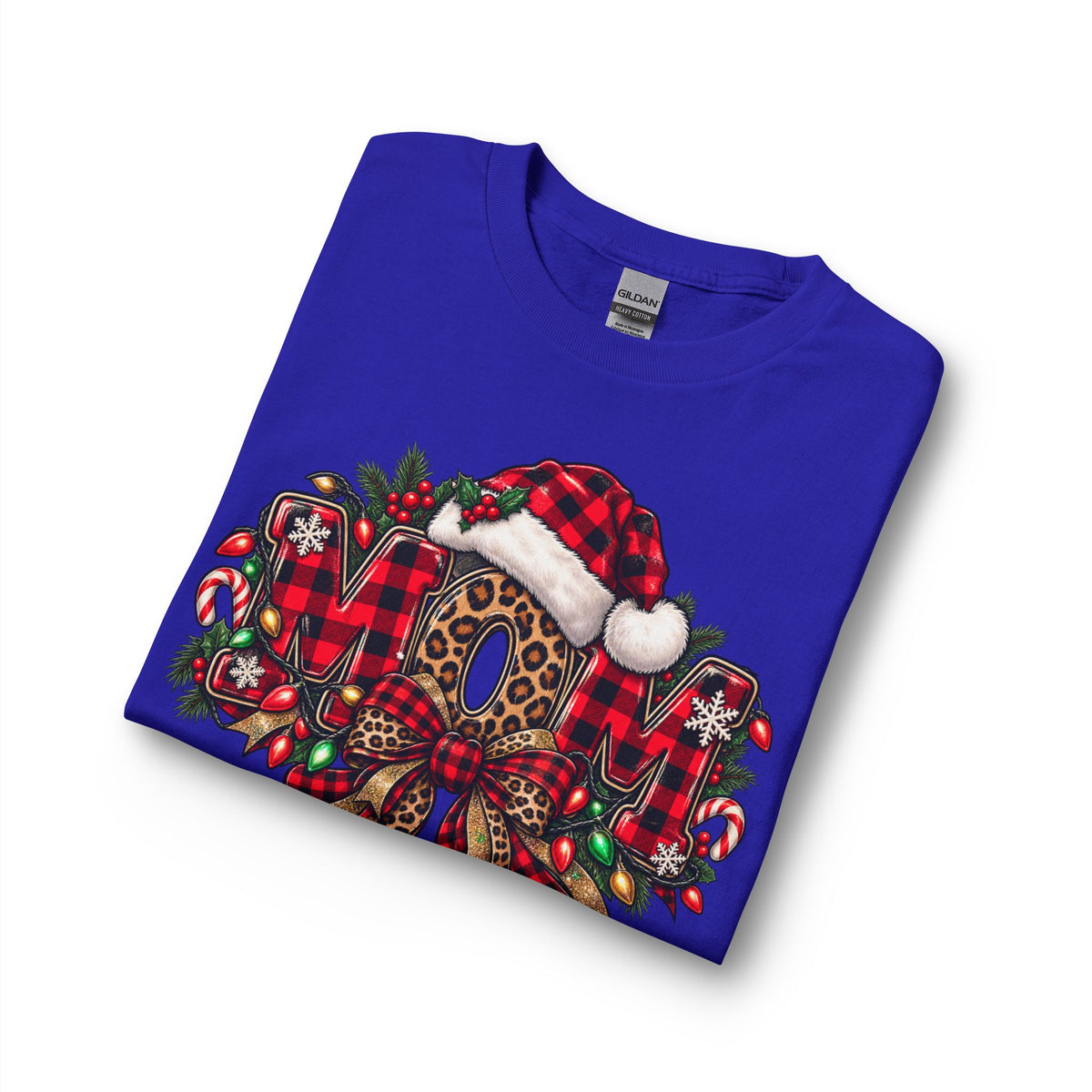 Christmas Leopard Wreath Mom Long Sleeve Tee — Buffalo Plaid Santa Hat Holiday Shirt