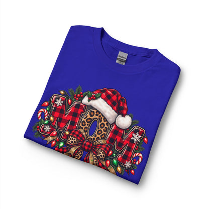 Christmas Leopard Wreath Mom Long Sleeve Tee — Buffalo Plaid Santa Hat Holiday Shirt