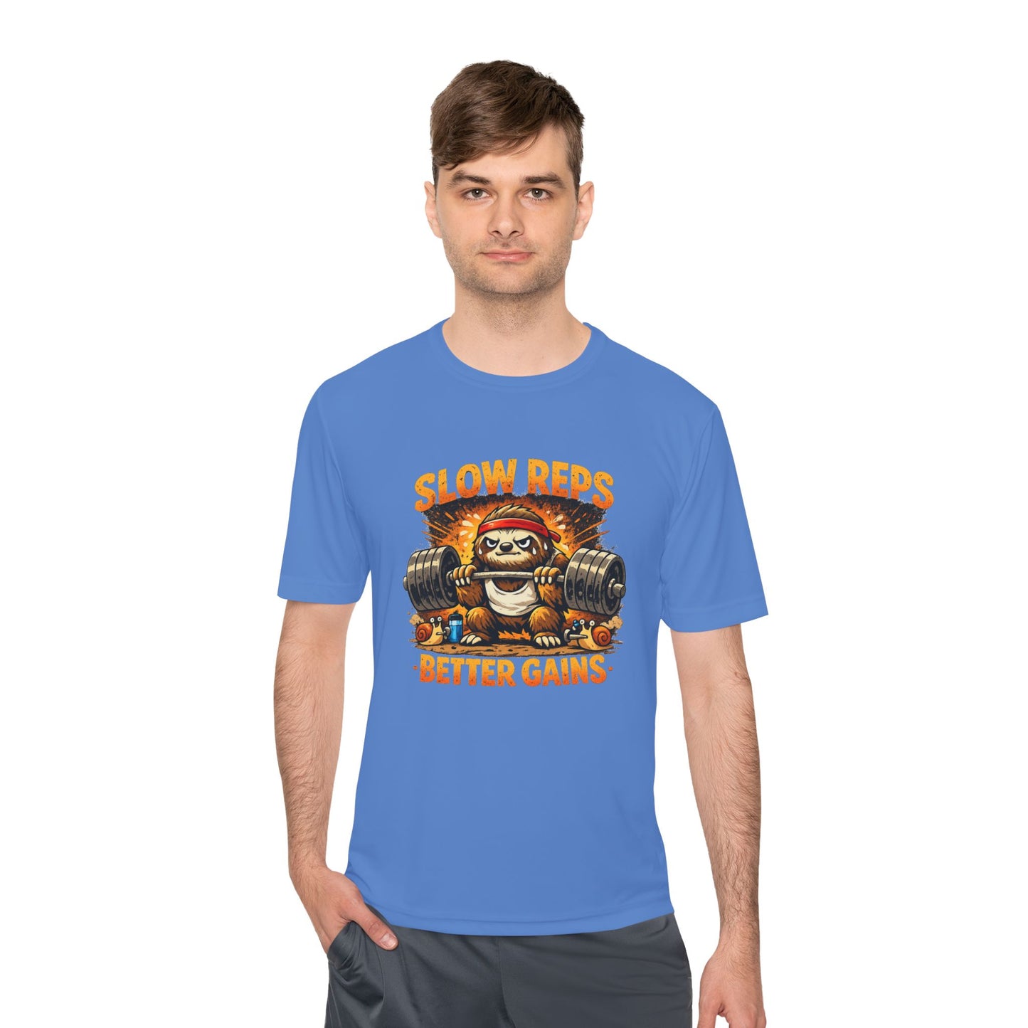 Slow Reps Better Gains Tee — Funny Sloth Weightlifting Moisture-Wicking Shirt