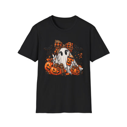 Cute Ghost Pumpkin Halloween T-Shirt — Plaid Bow Ghost with Jack-o'-Lanterns
