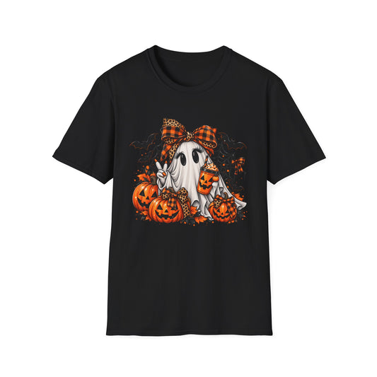 Cute Ghost Pumpkin Halloween T-Shirt — Plaid Bow Ghost with Jack-o'-Lanterns