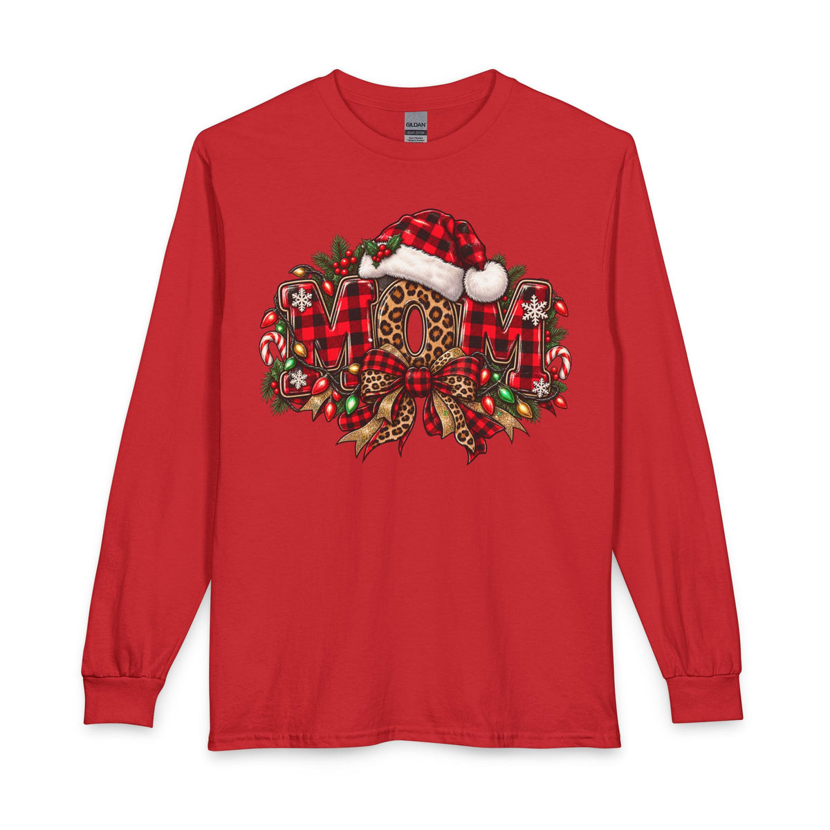 Christmas Leopard Wreath Mom Long Sleeve Tee — Buffalo Plaid Santa Hat Holiday Shirt